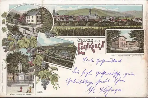 Gruss aus Edenkoben, Villa, Denkmal, Schmiede, gelaufen 1902