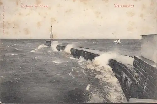 Warnemünde, Westmole bei Sturm, gelaufen 1906