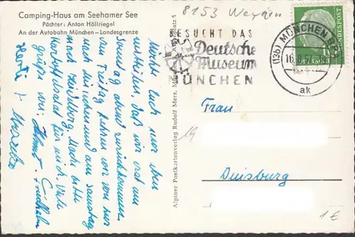 Gruß aus Seeham, Camping Haus am Seehamer See, gelaufen 1957