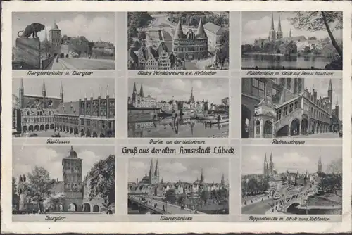 Lübeck, Holstentor, Rathaustreppe, Rathaus, Burgtor, gelaufen 1952