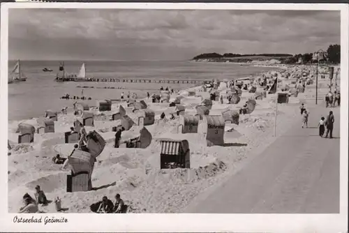 Grömitz, Ostseebad, Strand, Strandkörbe, gelaufen 1952