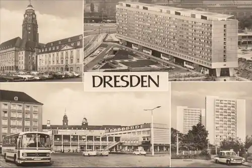 Dresden, Hochhäuser, Kirche, Mercedes Bus, ungelaufen
