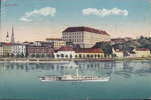 Linz a.d. Donau, Stadtansicht, Dampfer, gelaufen 1914