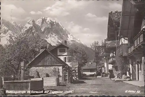 Garmisch, Frühlingsstrasse mit Zugspitze, gelaufen 1955