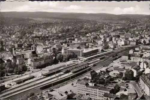 Pforzheim, Stadtansicht, Bahnhof, Fliegeraufnahme, Luftpost, gelaufen 1960