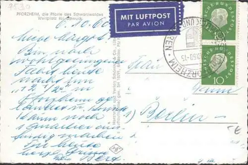 Pforzheim, Stadtansicht, Bahnhof, Fliegeraufnahme, Luftpost, gelaufen 1960