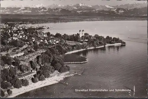 Friedrichshafen, Strandbad und Schlosskirche, Fliegeraufnahme, gelaufen 1955