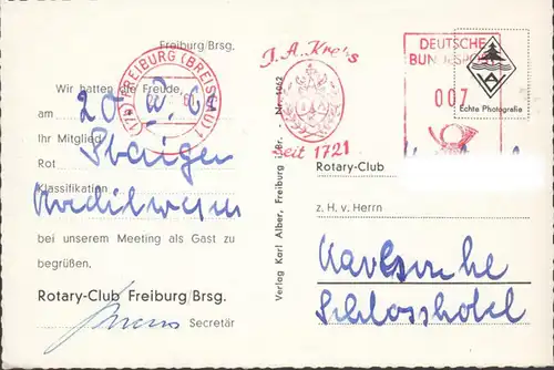 Freiburg, Münsterturm mit Kaufhauserker, Rotary Club, gelaufen 1961