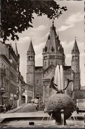 Mainz, Fischtorbrunnen mit Dom, ungelaufen