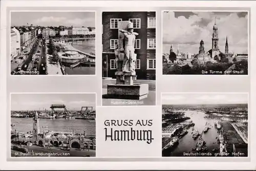 Hamburg, Jungfernstieg, Hummel Denkmal, Landungsbrücken, gelaufen 1955