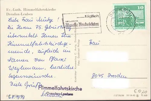 Dresden, Himmelfahrtskirche, gelaufen 1979