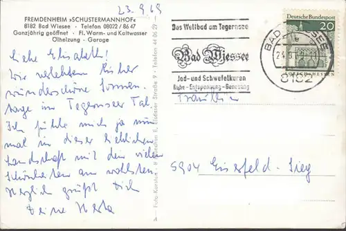 Bad Wiessee, Fremdenheim Schustermannhof, gelaufen 1969