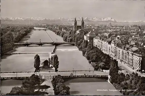 München, Isarpartie mit Gebirge, ungelaufen