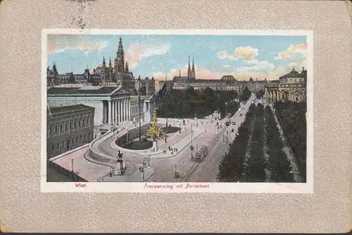 Wien, Franzensring mit Parlament, Kriegsspital, gelaufen 1916