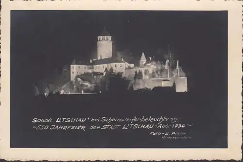 Schloss Litschau bei Scheinwerferbeleuchtung, gelaufen 1936