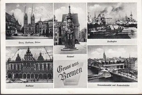 Bremen, Rathaus, Freihafen, Roland, gelaufen 1956