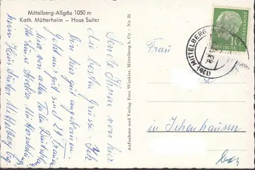 AK Mittelberg, Katholisches Mütterheim, gelaufen 1957