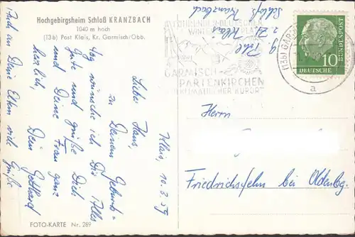 Garmisch, Hochgebirgsheim Schloss Kranzbach, gelaufen 1959