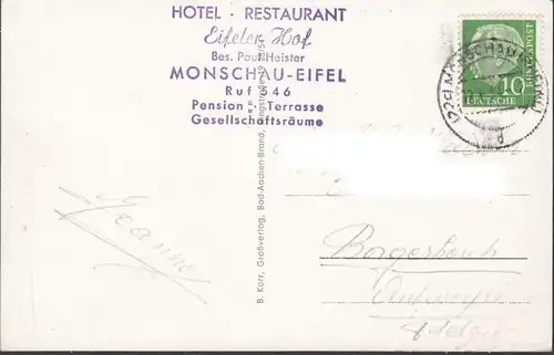 Monschau, Rurpartie mit Ruine, Hotel Horchem, Hotel Eifeler Hof, gelaufen 1954