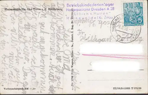 Hainewalde, Der Turm, Betriebskinderferienlager Hauptpostamt, gelaufen 1959