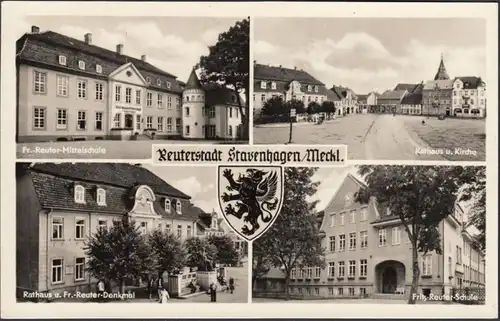 Stavenhagen, Rathaus, Denkmal, Kirche, Mittelschule, gelaufen 1956