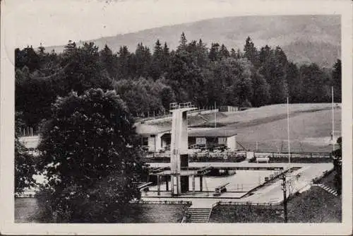 AK Friedrichroda, Schwimmbad, Sprungturm, gelaufen 1955