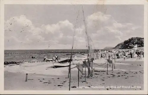 Lac de Kölpin, filet de pêche avec vue sur la plage et le lac, couru