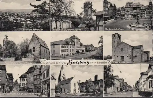 Butzbach, Weiselerstrasse, Markt, Rathaus, Schule, gelaufen 1961