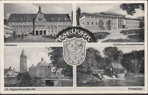 Nordhorn, Rathaus, Hallenschwimmbad, Oelmühle, Kirche, gelaufen 1955