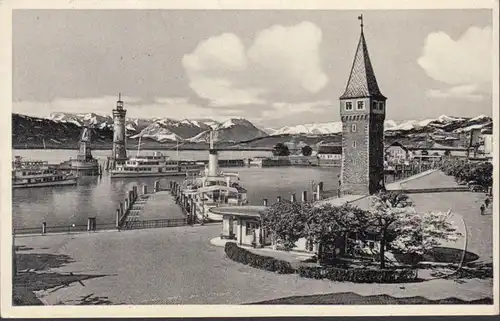 Lindau am Bodensee, Hafen und Schweizer Alpen, gelaufen 1952