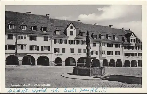Freudenstadt, Marktplatz, Drogerie, Restaurant, Uhrenhandel, gelaufen 1962