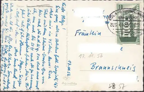 Siegen, Theodor Kessler Heim, Fliegeraufnahme, Bahnpost, gelaufen 1956