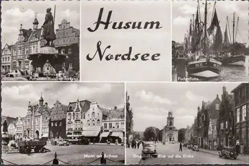 AK Husum, Rathaus am Markt, Fischerflotte, Brunnen, gelaufen 1959