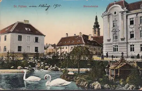 St. Pölten, Bischofsteich, Schwäne, gelaufen 1911
