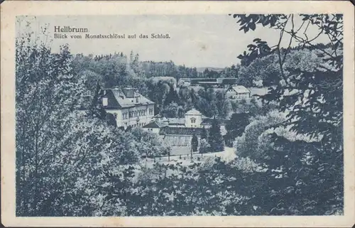 Salzburg, Hellbrunn, Blick vom Monatsschlössl auf das Schloss, gelaufen 1932