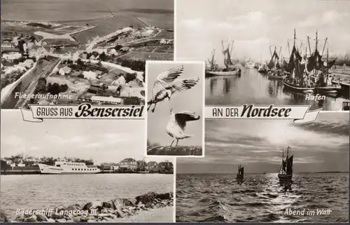 Bensersiel, Hafen, Bäderschiff Langeoog, Fliegeraufnahme, gelaufen 1966