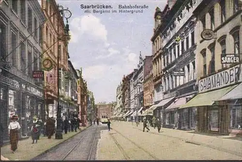 AK Saarbrücken, Bahnhofstraße mit Bergamt, Salamander, Feldpost, gelaufen 1916