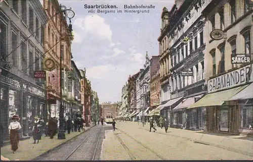 Saarbrücken, Bahnhofstrasse mit Bergamt, Feldpost, gelaufen 1916