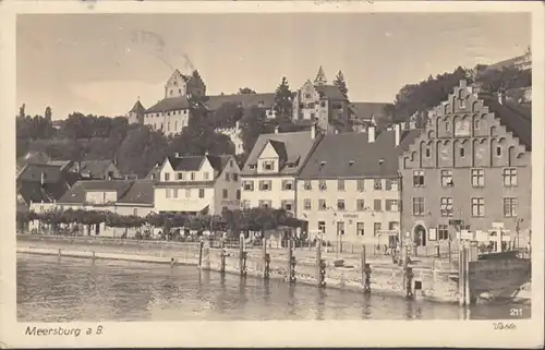 Meersburg, Stadtansicht, Strand Cafe, Postamt, gelaufen 1950