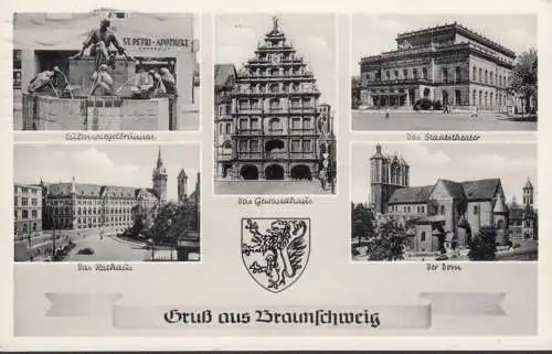 AK Braunschweig, Eulenspiegelbrunnen, Rathaus, Staatstheater, Dom, gelaufen 1954