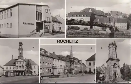 Rochlitz, Kulturhaus, Hängebrücke, Rathaus, gelaufen 1989