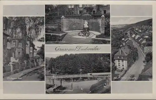 AK Gruss aus Dudweiler, Adolf Hitler Straße, Birkenallee, Denkmal, Schwimmbad, ungelaufen