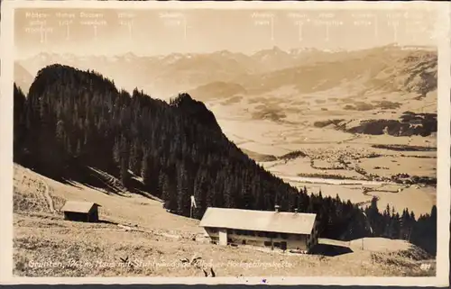 Grünten, Haus mit Stuhlwand und Hochgebirgskette, gelaufen 1953