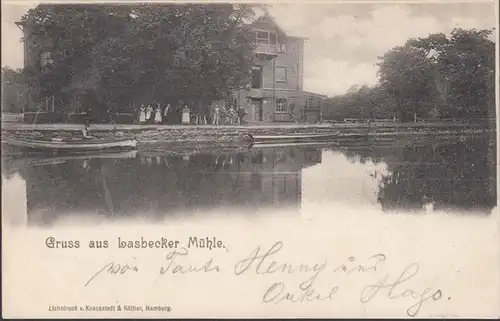 Gruss aus Lasbecker Mühle, Tremsbüttel, gelaufen 1899