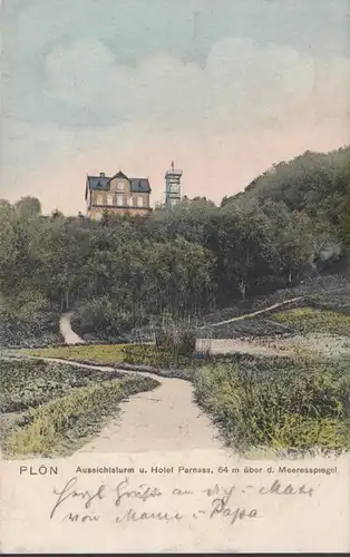 Plön, Aussichtsturm und Hotel Parnass, gelaufen 1904
