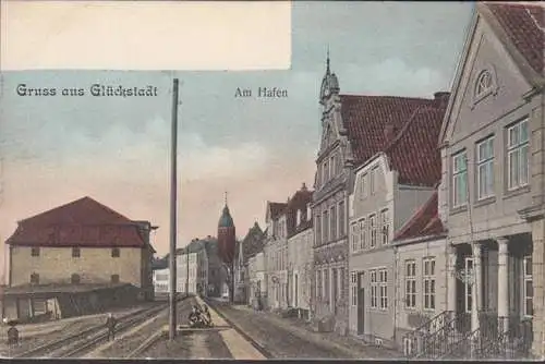 AK Gruss aus Glückstadt, Am Hafen, Straßenpartie, Litho, ungelaufen