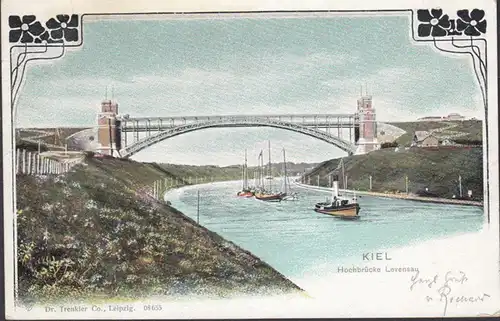 Kiel, Hochbrücke Levensau, Bahnpost, gelaufen 1903