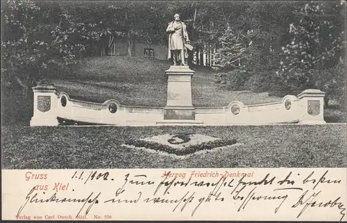Gruss aus Kiel, Herzog Friedrich Denkmal, Bahnpost, gelaufen 1902