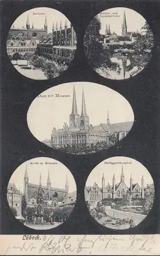 Lübeck, Rathaus, Dom, Museum, Markt, Brunnen, gelaufen 1906