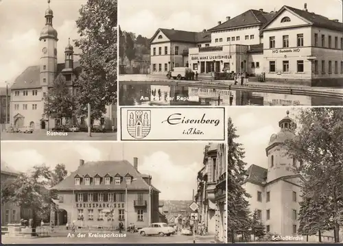 Eisenberg, Rathaus, Kreissparkasse, Kirche, gelaufen 1971